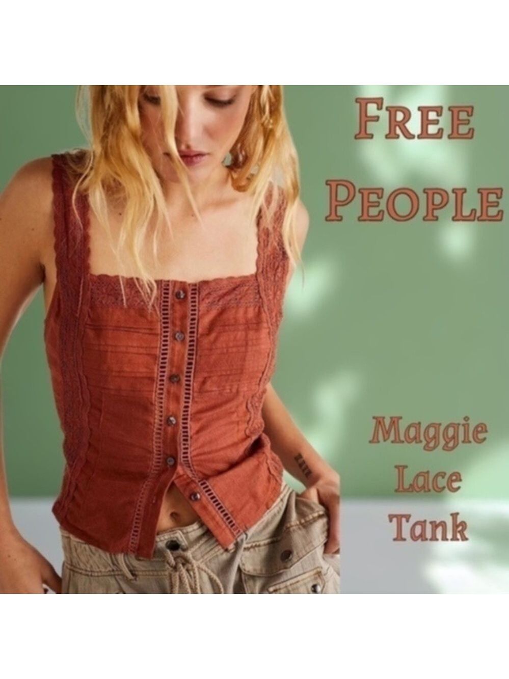 FREE PEOPLE NWT Maggie Lace Square Neck Sleeveless Button Front Tank/LG